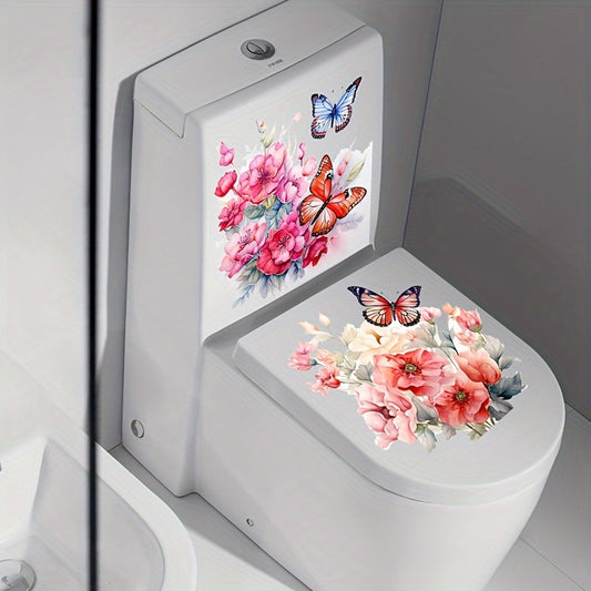 1 Set/2pcs Colorful Butterfly and Flower Waterproof Bathroom Wall Stickers - Self-adhesive, Removable Toilet Seat and Water Tank Stickers, Suitable for Modern Home Decoration