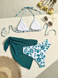 3pcs Floral Polyester Bikini Set, High Stretch Knit Fabric, Solid Color with Tie Waist Detail