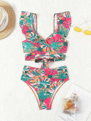 Flirty Tropical Print Ruffle Trim Bikini Set - High-Waisted Womens Swimsuit for a Chic Vacay Style - Comfortable Two-Piece Bathing Suit