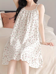 Romantic Floral Print Nightdress - Soft & Sweet Lace-Up Ruffle Slip Dress for Women - Comfortable Sleepwear, Nighttime Elegance