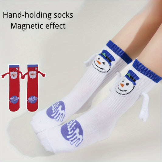 Christmas Hand-Holding Crew Legwear with Magnetic Effect, 100% Cotton Woven Striped Footgear for Spring/Fall - Hand Wash Only