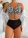 2 Piece Leopard Print High Waisted Ruched Bikini Set, Knot Front V Neck Stretchy Swimsuits for Women