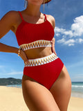 Chic 2-Piece Contrast Band Bikini Set - Round Neck, High-Waisted Bottoms, Stretch Comfort - Ideal for Beachwear & Poolside Fashion