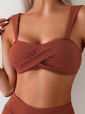Two-Piece Comfortable High-Waisted Women's Swimsuit Set, Sexy Solid Color Bikini With Layered Design, Beach Swimwear