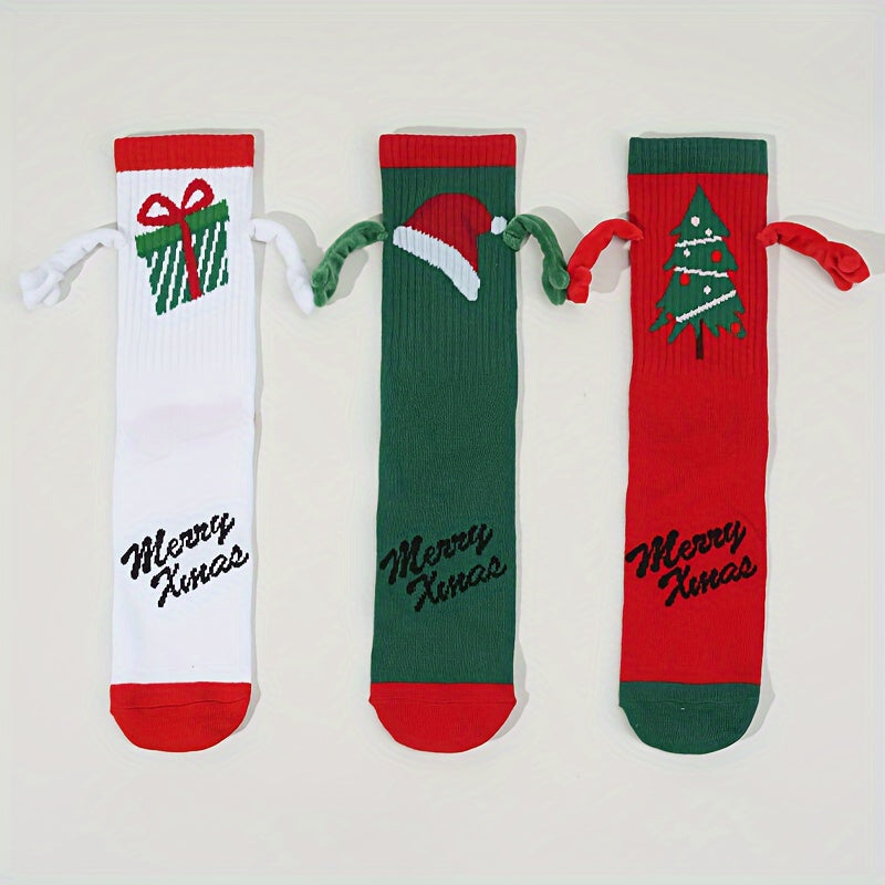 Christmas Themed Magnetic Couples Crew Footwear, 100% Cotton, Hand-Wash Only, Striped Pattern, All-Season, Woven Hiking & Outdoor Apparel - Unisex, 1 Pair