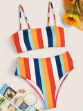Vibrant 2-Piece Striped Bikini Set - Comfy High-Waisted Design & Quick-Dry Fabric - Ideal for Beach & Pool
