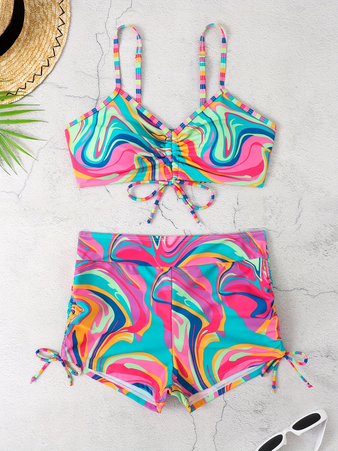 Colorful Swirl Print High Waist 2 Piece Set Bikini, Drawstring Spaghetti Strap Stretchy Swimsuits, Women's Swimwear & Clothing