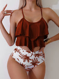 Vibrant Palm Tree Print Two-Piece Bikini Set - Ruffle High Waist, High Cut, Round Neck, Flattering Swimwear for Women - Perfect for Palm Sunday, Beach, Pool, and Summer Vacation
