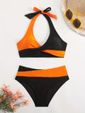 2 Piece Color Block Crisscross Halter Tie Strap Backless Bikini Set - Women's Swimwear & Clothing - Sexy Summer Beachwear for Ladies