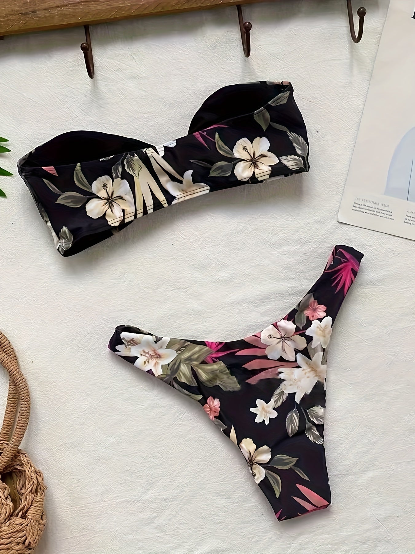 2 Piece Floral Print Knot Bandeau High Cut Retro Style Bikini Swimsuits - Women's Clothing - Stylish Swimwear & Beachwear for Ladies - High-Quality, Comfortable, and Flattering Swimsuit Sets