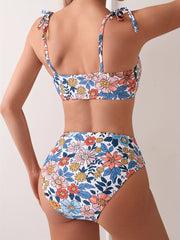 Two-Piece High-Waisted Floral Bikini Set - Adjustable Shoulder Straps, High Stretch Polyester, Random Print, Bow Detail, Customized Knit Fabric, Perfect for Summer Beach Swimwear