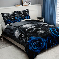 3pcs Duvet Cover Set, Fashion Novel Blue Rose Skull Print Bedding Set, Soft Comfortable Duvet Cover, For Bedroom, Guest Room (1*Duvet Cover + 2*Pillowcase, Without Core) For Halloween