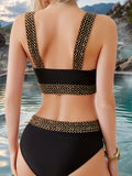 Two-Piece Bikini Set - Exquisitely Elegant, Trendy and Fashionable, Ultra-Sexy High-Waisted Swimwear with Dazzling Golden Band Accents - Perfect for Womens Summer Beach Vacations and Beachy Keen Beachwear