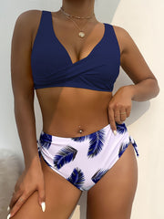 Vibrant Leaf Print Bikini Set - High-Cut, Centre Tie, Layered Bra, Two-Piece Swimsuit for Women - Stylish, Comfortable, and Flattering Swimwear for Summer