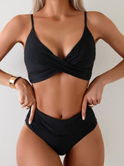 Two-Piece Adjustable Straps Women's Fashion Solid Color Ruched Bikini Set, Crossover Top High-Waisted Bottoms, Classic Black Color, For Beach Pool Swimwear