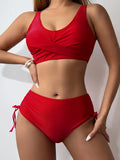 2 Piece Set Bikini - Twist Front V Neck Swimsuit with Drawstring Lace Up, Tie Back, Stretchy Fabric, Comfortable Fit for Beach Pool Bathing - Women's Swimwear & Clothing for Summer Vacation
