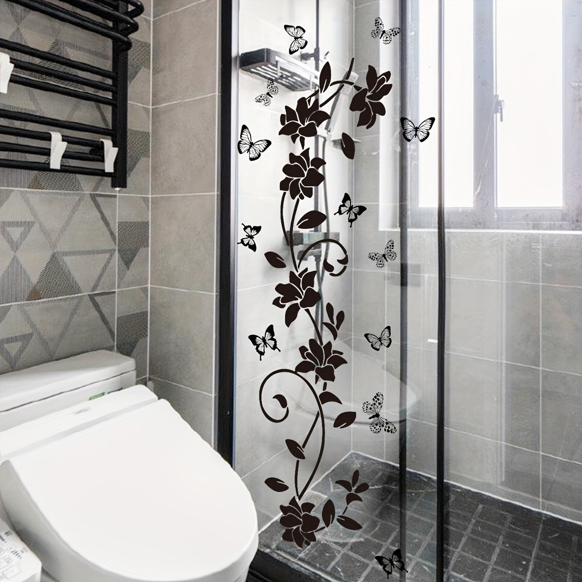 Elegant Black Floral & Butterfly Vine Mirror Decal - Self-Adhesive Wall Sticker For Bathroom And Home Decor