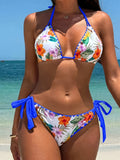 Women'S Floral Print Bikini Set, V-Neck, Side Tie, No Belt, High Elasticity, Polyester, Knit Fabric, Swimwear, Beachwear, Summer Fashion