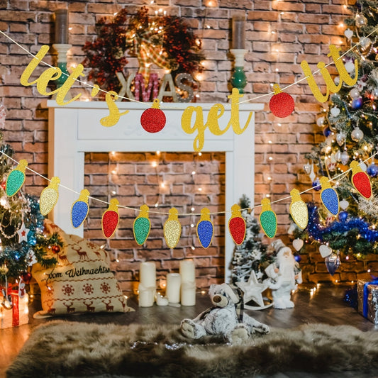 Christmas Party Decor - Colorful Golden Letter Banner & Pull Flags Set for Festive Room Decoration