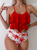 Vibrant Palm Tree Print Two-Piece Bikini Set - Ruffle High Waist, High Cut, Round Neck, Flattering Swimwear for Women - Perfect for Palm Sunday, Beach, Pool, and Summer Vacation
