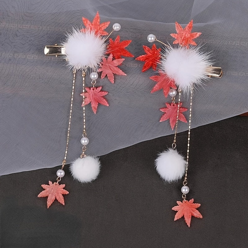 Vintage Style Hair Clip With Tassel, Red Maple Leaf Design Hairpin, Chinese Style Hair Accessory