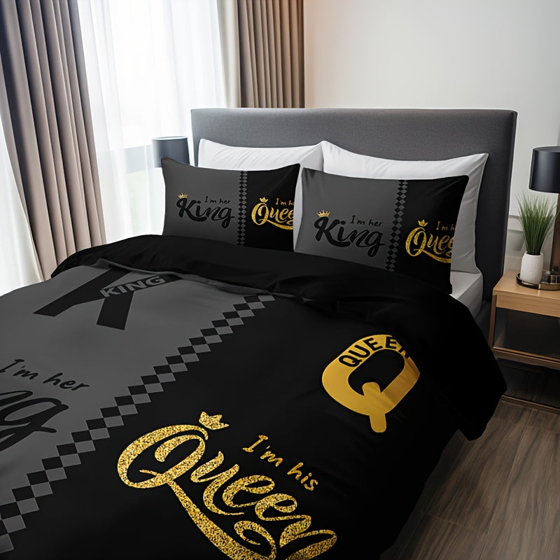 3-Piece Black & Grey Crown Lettering Duvet Cover Set - Vibrant High-Definition Printing, Soft Brushed Microfiber Fabric, Comfortable and Breathable for Home & Dorm Decor - Comforter Not Included