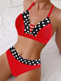 2 Piece Set V Neck High Cut Random Print Bikini, Contrast Color Women's Swimwear & Clothing