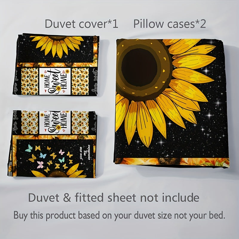 3pcs Sunflower Flower Print Duvet Cover Set - Vibrant Fashion Pastoral Style, Ultra-Soft and Breathable Fabric, Complete Set with 1 Duvet Cover and 2 Pillowcases, Perfect for Bedrooms and Guest Rooms