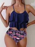 Vibrant Palm Tree Print Two-Piece Bikini Set - Ruffle High Waist, High Cut, Round Neck, Flattering Swimwear for Women - Perfect for Palm Sunday, Beach, Pool, and Summer Vacation