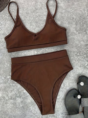 Plain Brown Scoop Neck 2 Piece Set Bikini, Spaghetti Strap High Waist Stretchy Swimsuits, Women's Swimwear & Clothing