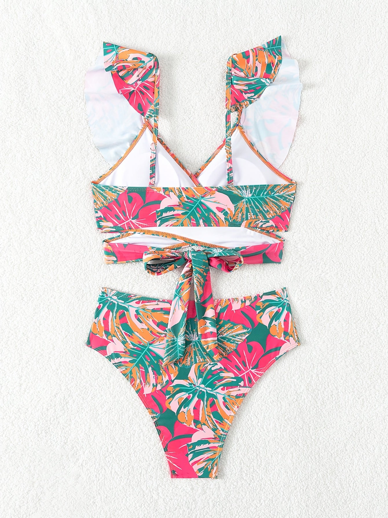 Flirty Tropical Print Ruffle Trim Bikini Set - High-Waisted Womens Swimsuit for a Chic Vacay Style - Comfortable Two-Piece Bathing Suit