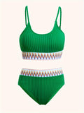 Chic 2-Piece Contrast Band Bikini Set - Round Neck, High-Waisted Bottoms, Stretch Comfort - Ideal for Beachwear & Poolside Fashion