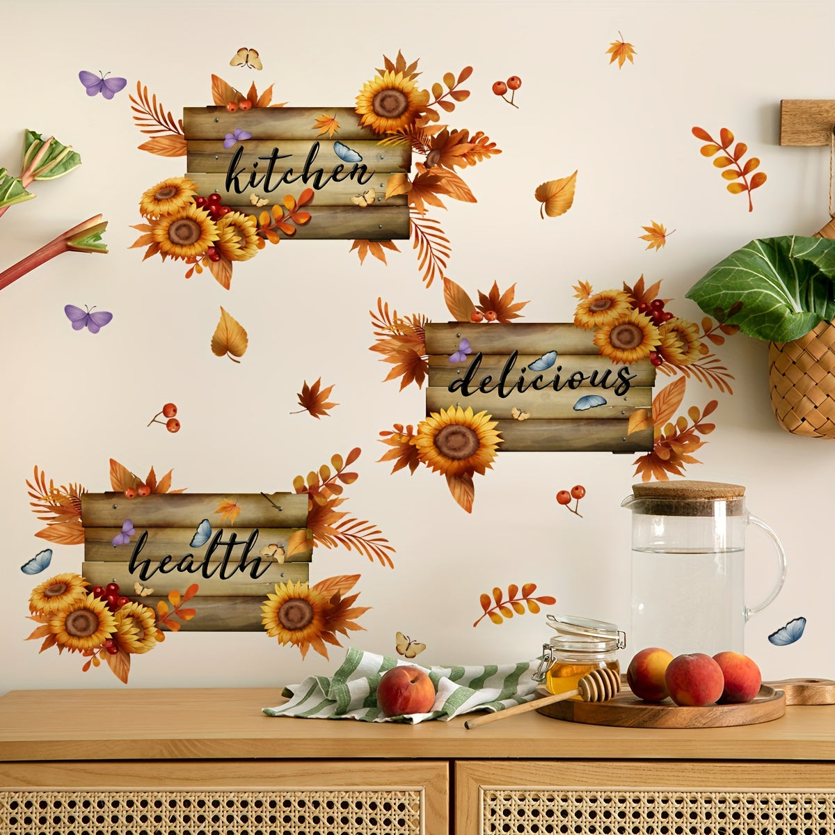 3pcs Thanksgiving Autumn Decor Set - Sunflower & Butterfly Kitchen Wall Stickers, Vinyl, Easy Apply