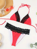 Vivid Color Block & Lace Halter Bikini Set - Deep V Neck, Adjustable Tie Back, High-Cut, Comfort Stretch Swimwear for Women