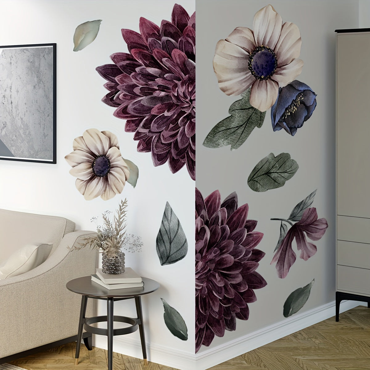 Large 3D Floral Wall Decals - Self-Adhesive, Invisible Glue, Perfect for Living Room & Bedroom Decor, Matte Finish, Multi-Surface Compatible