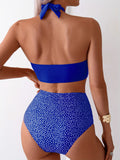 2 Piece Crisscross Halter Ring Bikini Top and Polka Dots Print Ruched High Waisted Bottoms Set - High Stretch, Machine Washable, Knit Fabric, Random Printing - Womens Swimwear for Summer Beach Vacation