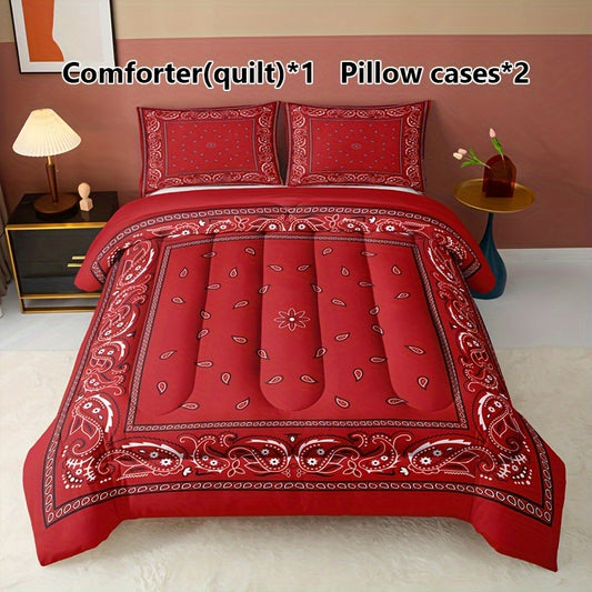 3-Piece Boho Red Paisley Quilt Set - Soft & Breathable All-Season Comfort - Perfect for Home & Dorm