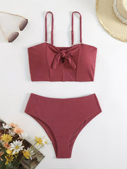 Women's Ribbed Knot-Front Two-Piece Bikini Set, Adjustable Shoulder Straps, High Waist Bottom, Fashion Swimwear