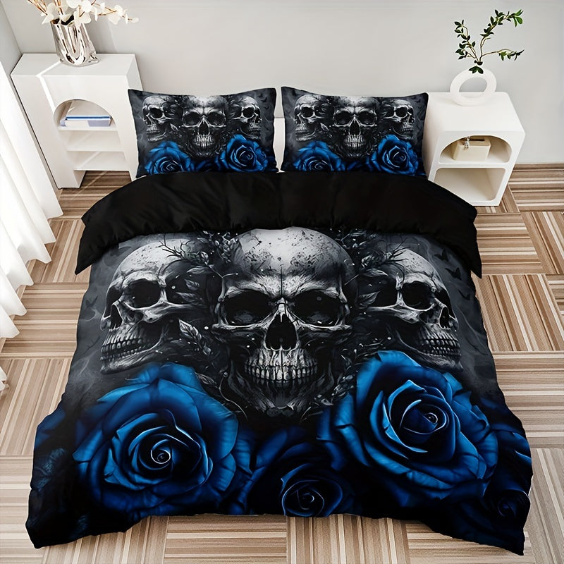 3pcs Duvet Cover Set, Fashion Novel Blue Rose Skull Print Bedding Set, Soft Comfortable Duvet Cover, For Bedroom, Guest Room (1*Duvet Cover + 2*Pillowcase, Without Core) For Halloween