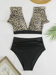 Chic 2-Piece V-Neck Bikini Set - High-Waisted Ruffle Bottoms, Sleek Black Stretch Fabric, Ideal for Beachwear & Poolside