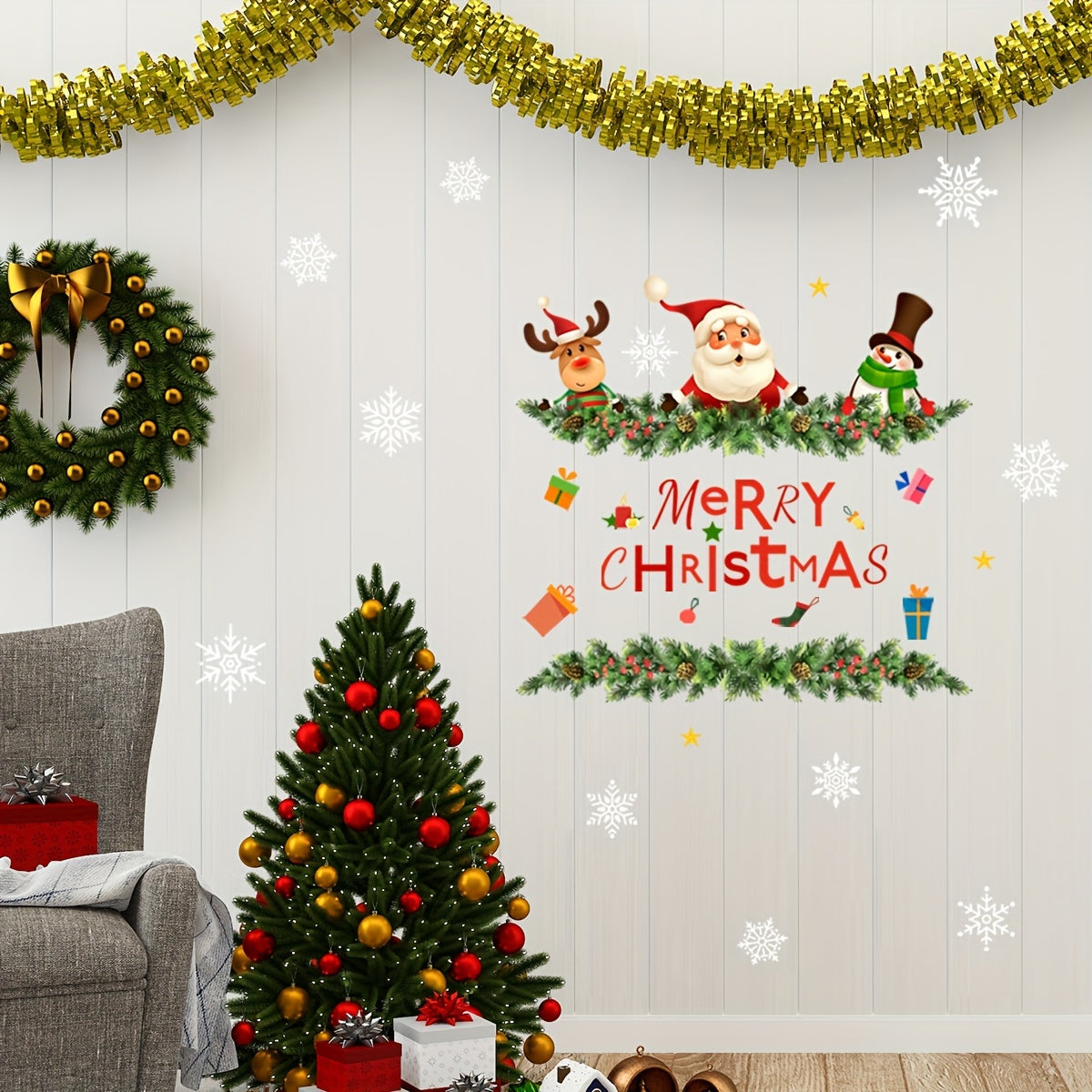 Santa & Snowflake Christmas Wall Decals - Self-Adhesive, Easy Apply for Bedroom & Home Decor