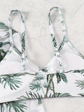 Elegant Tropical Print High-Waist Bikini Set with Knit Fabric, Polyester and Elastane Blend, Strapless Top with High Stretch Material, Sleeveless Two-Piece Swimsuit for Swimming