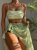 Striped Print 3 Piece Set Bikini, Square Neck High Cut With Cover Up Skirt Swimsuits, Women's Swimwear & Clothing