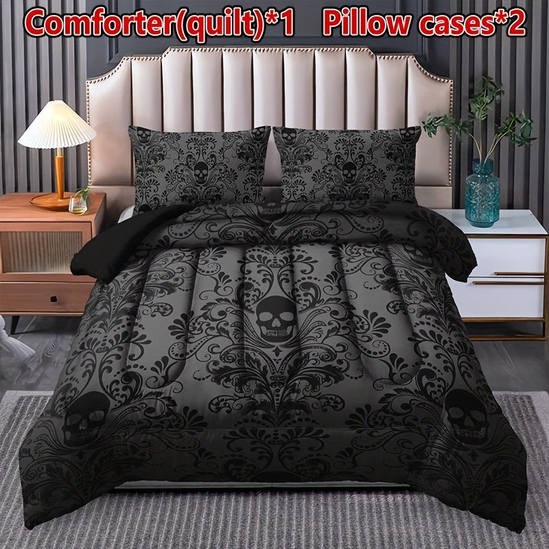 3pcs Black Skull Pattern Quilt Set - Soft, Breathable, Quilted Comfort for Home Dorm Decor - Printed Bedding with 1 Quilt and 2 Pillowcases, Four Seasons Versatility