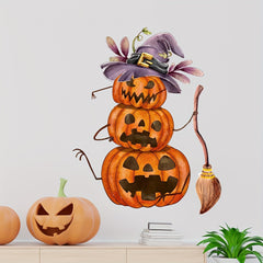 Classic Halloween Pumpkin Broom Wall Decals in Matte Finish, Reusable Polyvinyl Chloride Decor for Glass Surface, Easy Self-Adhesive Installation, Electricity-Free Wall Decor