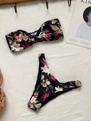 2 Piece Floral Print Knot Bandeau High Cut Retro Style Bikini Swimsuits - Women's Clothing - Stylish Swimwear & Beachwear for Ladies - High-Quality, Comfortable, and Flattering Swimsuit Sets