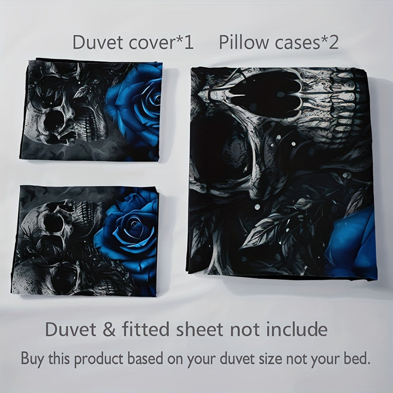 3pcs Duvet Cover Set, Fashion Novel Blue Rose Skull Print Bedding Set, Soft Comfortable Duvet Cover, For Bedroom, Guest Room (1*Duvet Cover + 2*Pillowcase, Without Core) For Halloween