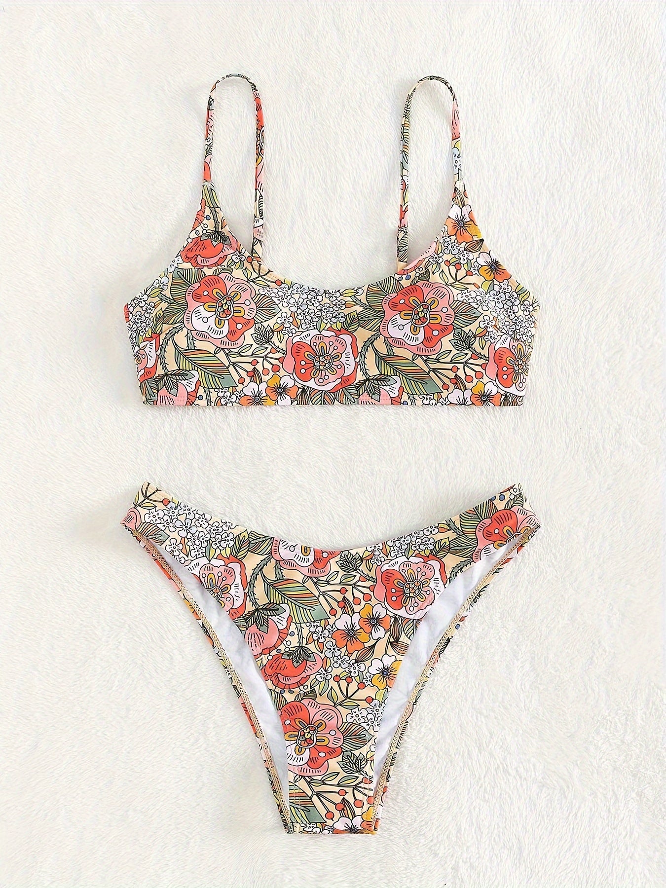 Print High-Waist Bikini Set for Women - Stretchy Polyester & Elastane Blend, Non-Transparent, Knit Fabric, Sleeveless Two-Piece Swimsuit with Spaghetti Straps, Hand Washable - Perfect for Beach & Poolside