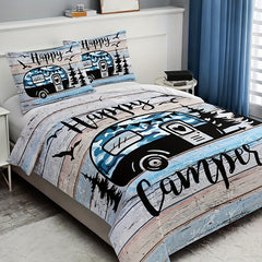 3-Piece Camping Forest Car Print Duvet Cover Set - Soft, Comfortable, and Fashionable Bedding for Bedroom and Guest Room - Includes 1 Duvet Cover and 2 Pillowcases, No Filling