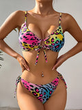 2-Piece Vibrant Leopard & Zebra Print Bikini Set - Flirty Tie-Side Bottoms, Chic Hollow Out Design with Spaghetti Straps - Stretchy, Comfort-Fit Swimwear for Beach & Poolside Fashion